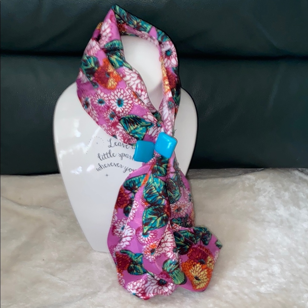 Floral Pink Scarf with Blue Accents with vintage clip earrings